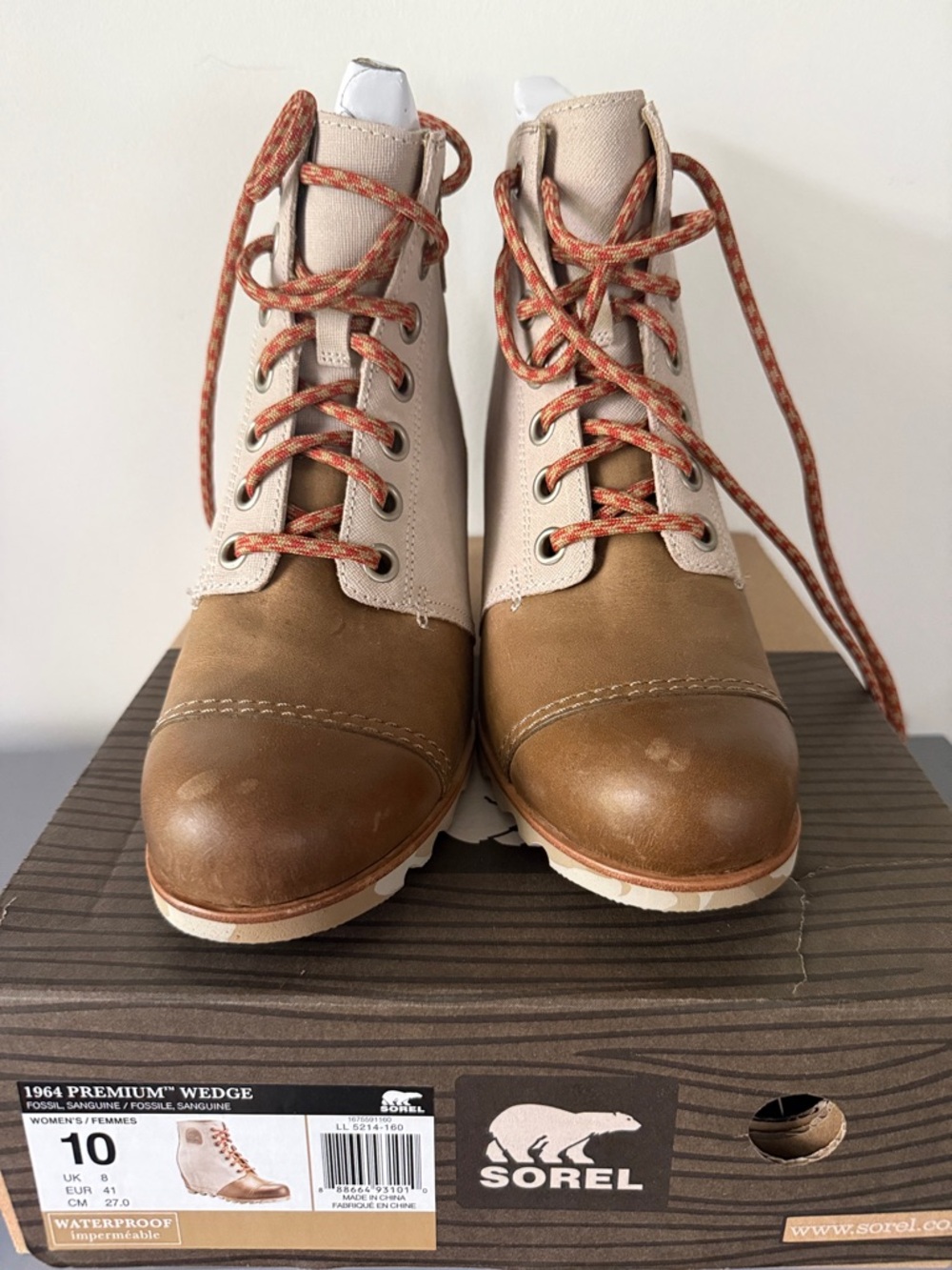 Sorel Women's Two-Tone Lace-Up Wedge Boots - Brown & Cream with Orange Laces